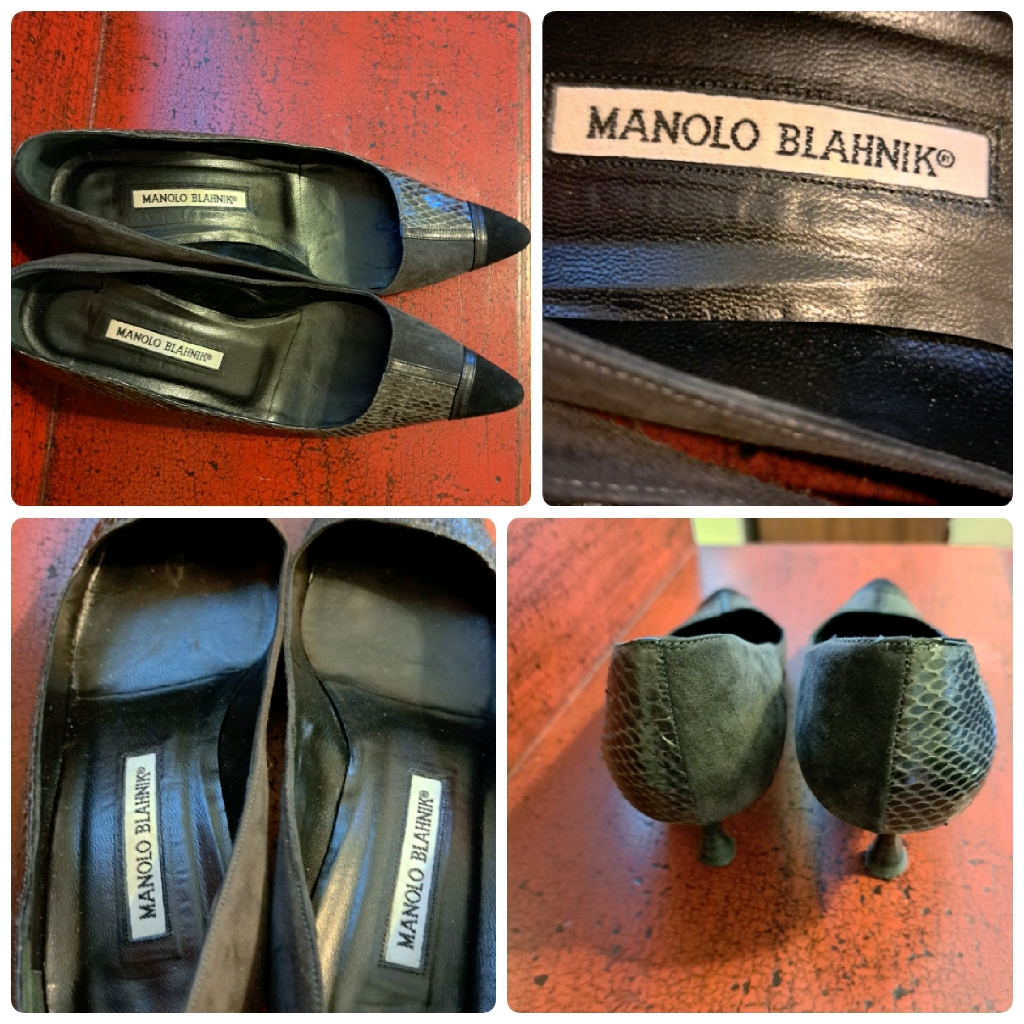 Women's Manalo Blahnik Black Snakeskin Print & Velvet Pointed Toe Shoe-Sz.38.5